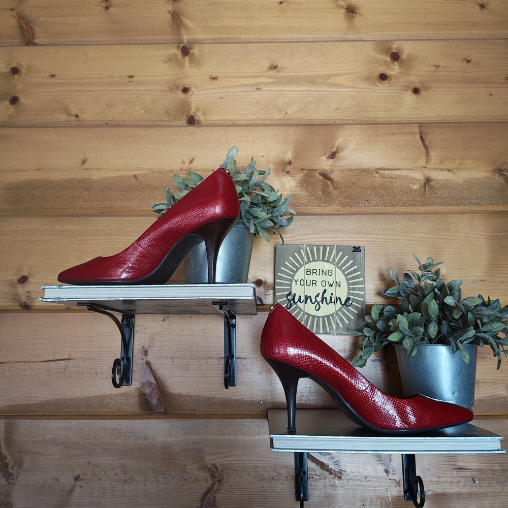 Michael Kors Flex Mid Pump Red Texture Emboss Patent Leather Heels Point Toe 9 M - Picture 4 of 10